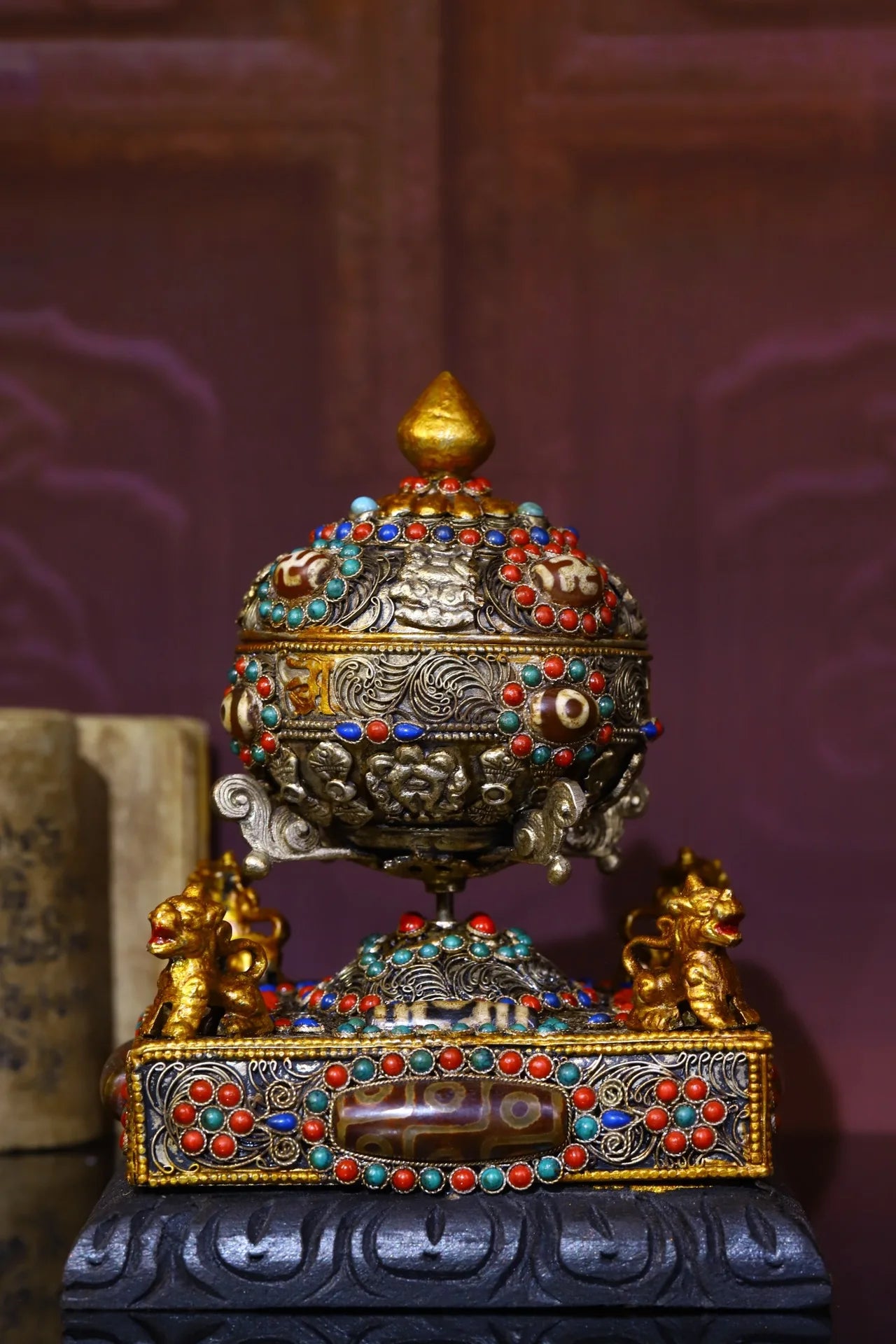 6"Tibetan Temple Collection Old Tibetan silver Gilt Mosaic Gem gZi Beads Four-faced lion Stupa Prayer Wheel  Old scriptures
