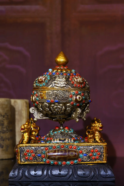 6"Tibetan Temple Collection Old Tibetan silver Gilt Mosaic Gem gZi Beads Four-faced lion Stupa Prayer Wheel  Old scriptures