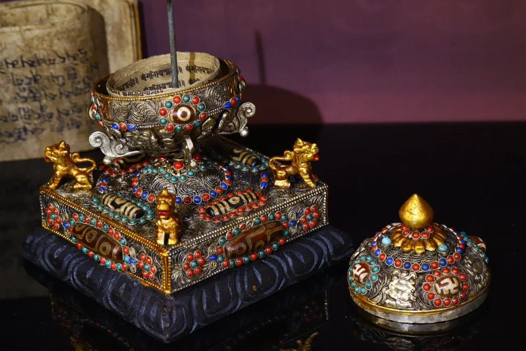 6"Tibetan Temple Collection Old Tibetan silver Gilt Mosaic Gem gZi Beads Four-faced lion Stupa Prayer Wheel  Old scriptures