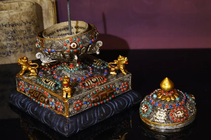 6"Tibetan Temple Collection Old Tibetan silver Gilt Mosaic Gem gZi Beads Four-faced lion Stupa Prayer Wheel  Old scriptures