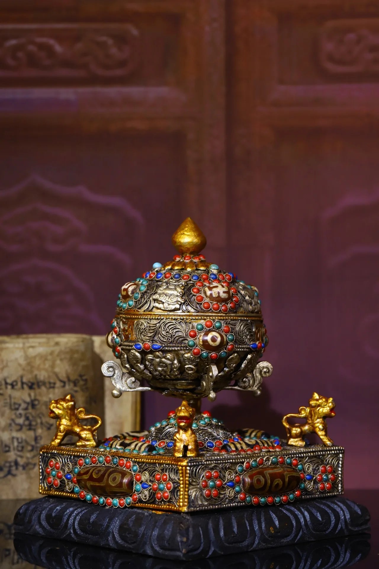 6"Tibetan Temple Collection Old Tibetan silver Gilt Mosaic Gem gZi Beads Four-faced lion Stupa Prayer Wheel  Old scriptures