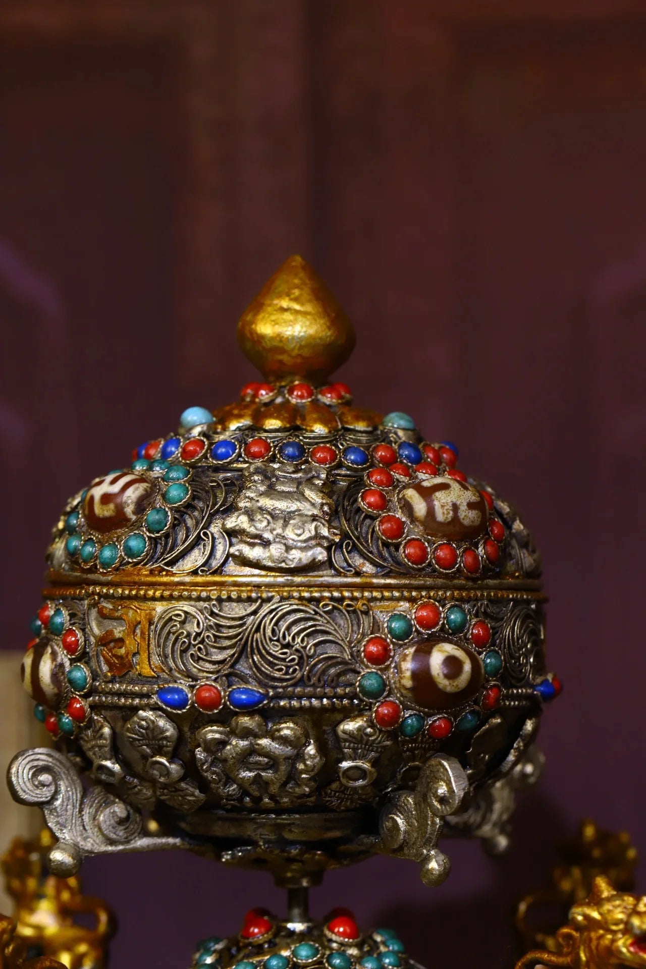 6"Tibetan Temple Collection Old Tibetan silver Gilt Mosaic Gem gZi Beads Four-faced lion Stupa Prayer Wheel  Old scriptures