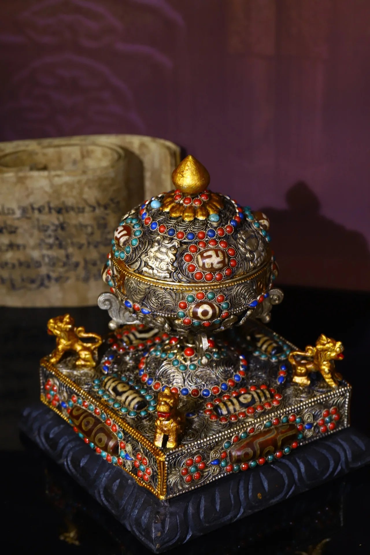 6"Tibetan Temple Collection Old Tibetan silver Gilt Mosaic Gem gZi Beads Four-faced lion Stupa Prayer Wheel  Old scriptures