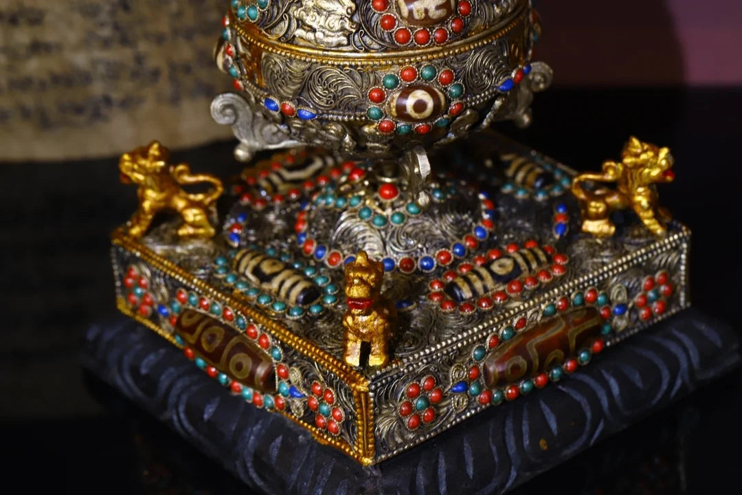 6"Tibetan Temple Collection Old Tibetan silver Gilt Mosaic Gem gZi Beads Four-faced lion Stupa Prayer Wheel  Old scriptures