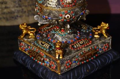 6"Tibetan Temple Collection Old Tibetan silver Gilt Mosaic Gem gZi Beads Four-faced lion Stupa Prayer Wheel  Old scriptures