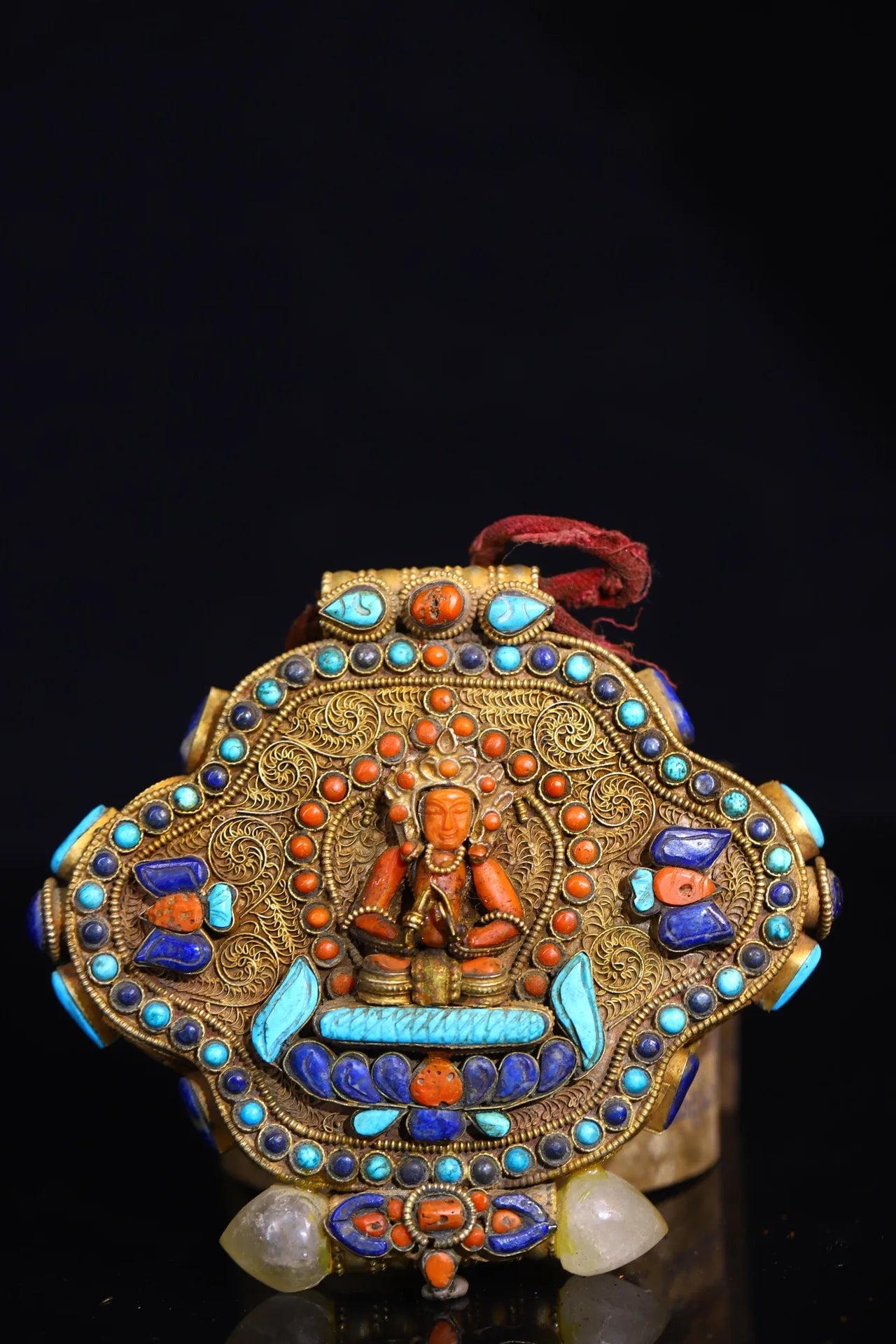 6"Tibetan Temple Collection Old Tibetan silver Mosaic Gem Red Tara Green Tara Gawu Box Buddhist Niche Town house Exorcism