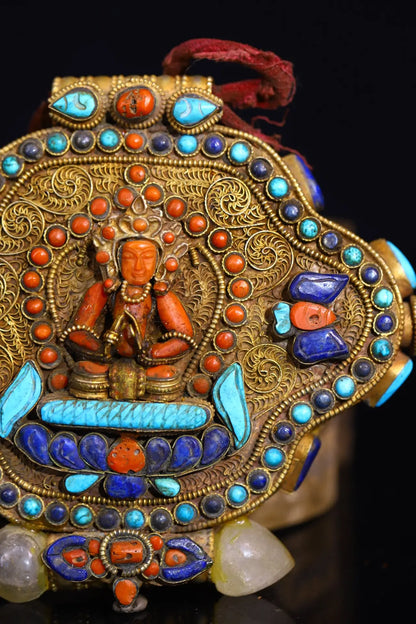 6"Tibetan Temple Collection Old Tibetan silver Mosaic Gem Red Tara Green Tara Gawu Box Buddhist Niche Town house Exorcism