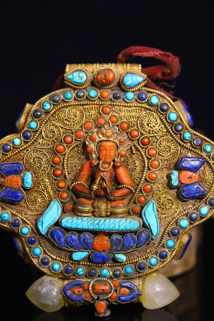 6"Tibetan Temple Collection Old Tibetan silver Mosaic Gem Red Tara Green Tara Gawu Box Buddhist Niche Town house Exorcism