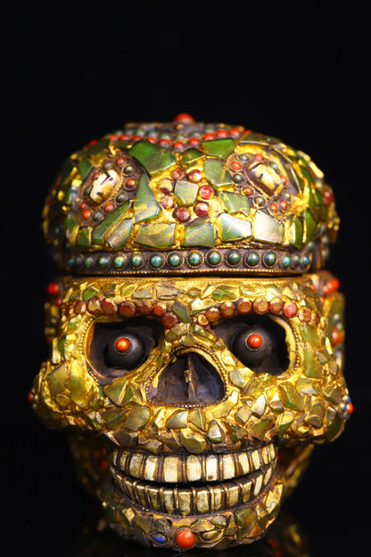 6"Tibetan Temple Collection Old Yak Bone Mosaic Gem Dzi Beads Corpse forest Skull Head Amulet Dharma Town house Exorcism