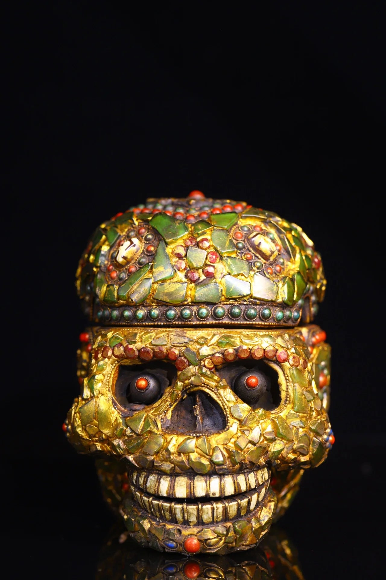 6"Tibetan Temple Collection Old Yak Bone Mosaic Gem Dzi Beads Corpse forest Skull Head Amulet Dharma Town house Exorcism