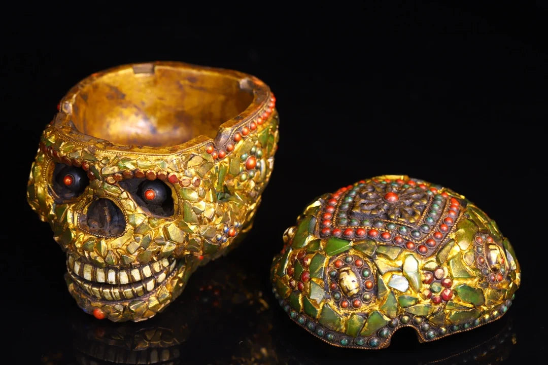 6"Tibetan Temple Collection Old Yak Bone Mosaic Gem Dzi Beads Corpse forest Skull Head Amulet Dharma Town house Exorcism