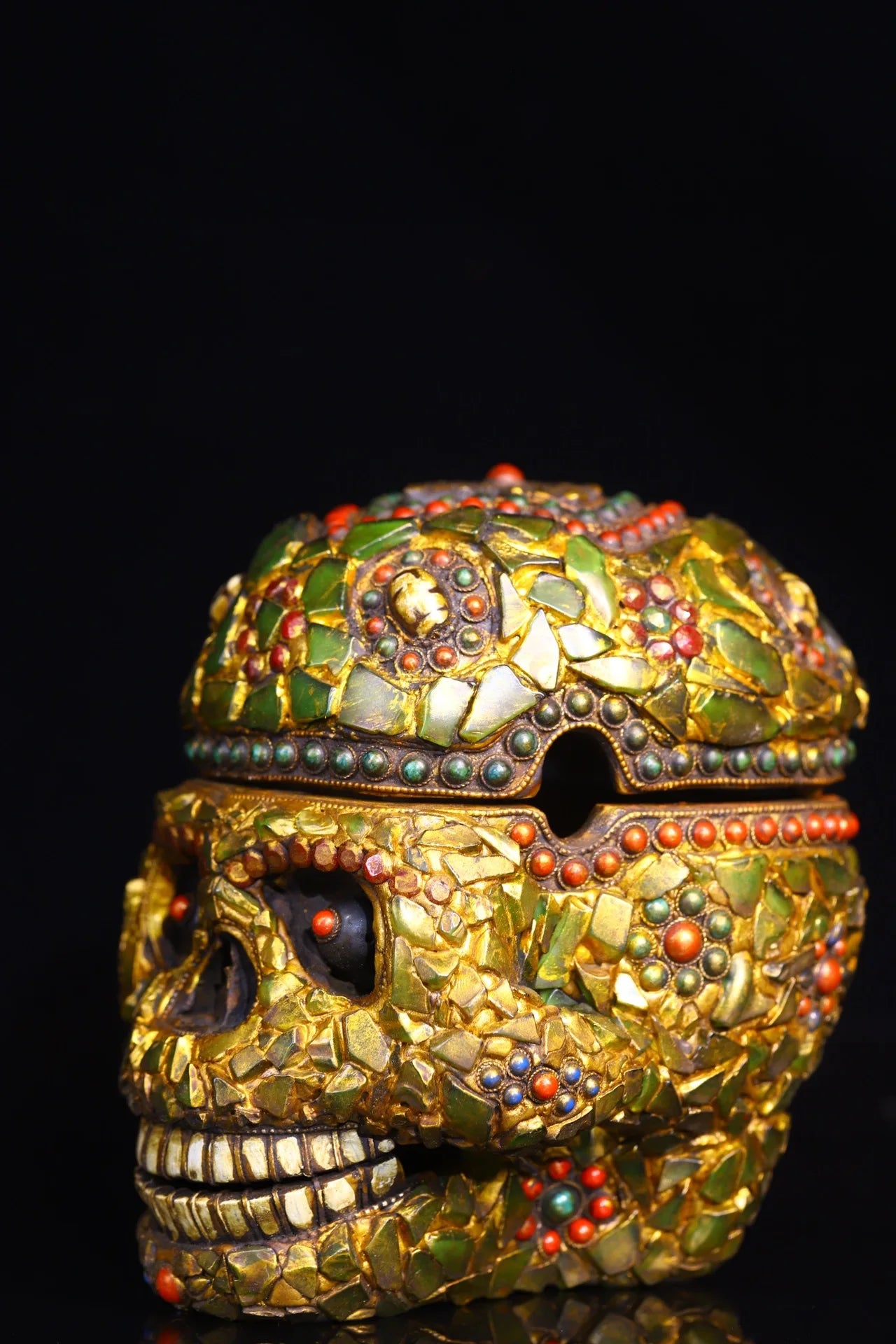 6"Tibetan Temple Collection Old Yak Bone Mosaic Gem Dzi Beads Corpse forest Skull Head Amulet Dharma Town house Exorcism