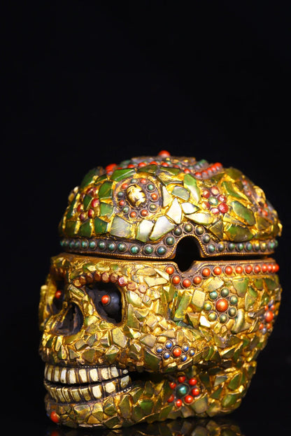 6"Tibetan Temple Collection Old Yak Bone Mosaic Gem Dzi Beads Corpse forest Skull Head Amulet Dharma Town house Exorcism