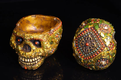 6"Tibetan Temple Collection Old Yak Bone Mosaic Gem Dzi Beads Corpse forest Skull Head Amulet Dharma Town house Exorcism