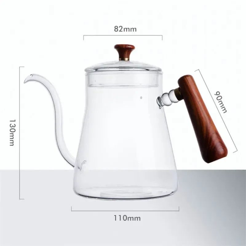 600ml Heat Resistant Clear Glass Tea Coffee Kettle Gooseneck Thin Spout for Pour Over Coffee Pot Stovetop Microwave Safe Teapot