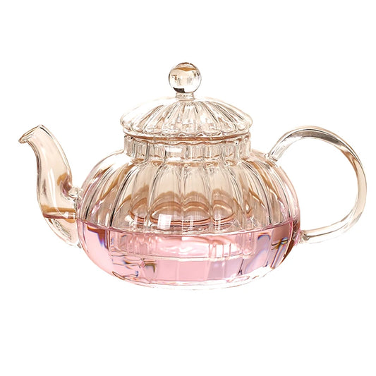 600ml Striped pumpkin shape flower teapot,Heat Resistant Glass Pot,Flower TeaCup Glass Teapot with Infuser Tea Leaf Herbal