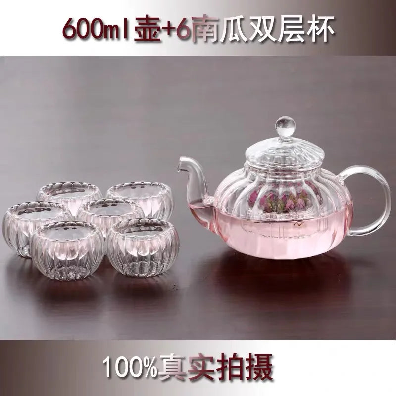 600ml Striped pumpkin shape flower teapot,Heat Resistant Glass Pot,Flower TeaCup Glass Teapot with Infuser Tea Leaf Herbal