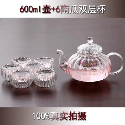 600ml Striped pumpkin shape flower teapot,Heat Resistant Glass Pot,Flower TeaCup Glass Teapot with Infuser Tea Leaf Herbal