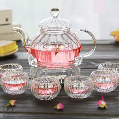 600ml Striped pumpkin shape flower teapot,Heat Resistant Glass Pot,Flower TeaCup Glass Teapot with Infuser Tea Leaf Herbal