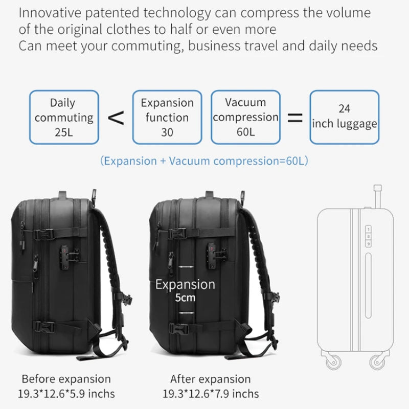 60L Airback Vacuum Compression Travel Backpack Man Waterproof Business Expandable Backpack Outdoor College Laptop Bag Anti Theft