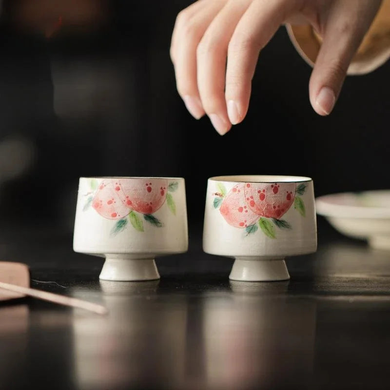 60ml Ceramic High Foot Master Cup Hand Painted Pink Peach Tea Cup Handmade Boutique Sample Personal Crescent Cup Kung Fu Teaset