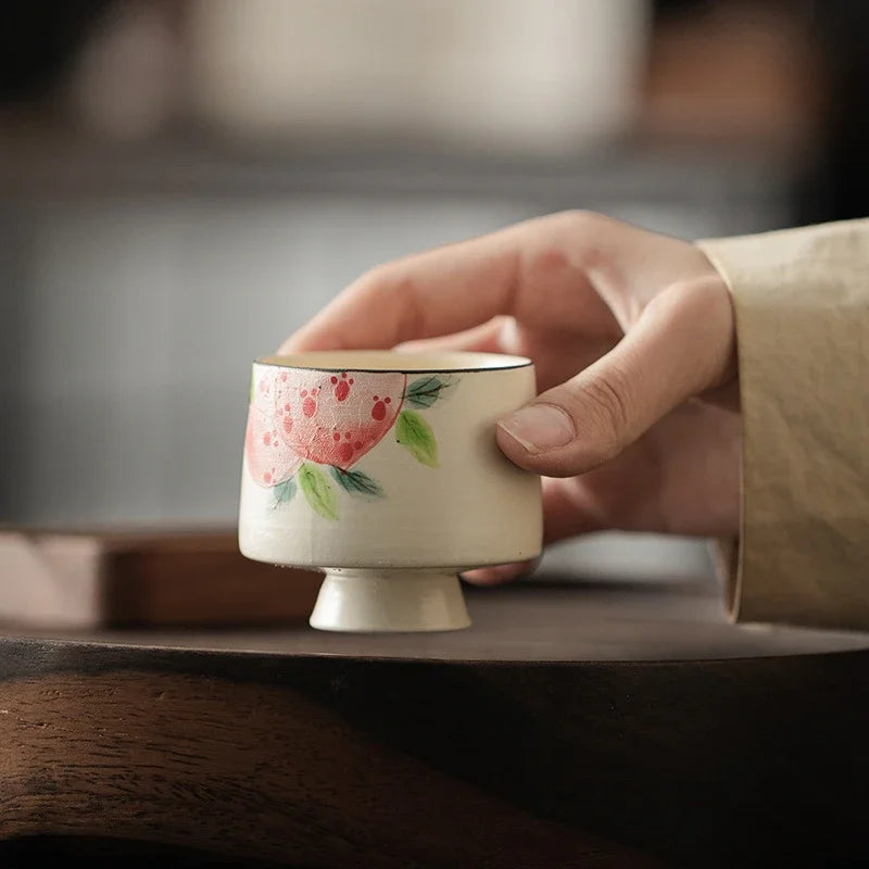 60ml Ceramic High Foot Master Cup Hand Painted Pink Peach Tea Cup Handmade Boutique Sample Personal Crescent Cup Kung Fu Teaset