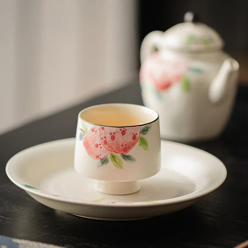 60ml Ceramic High Foot Master Cup Hand Painted Pink Peach Tea Cup Handmade Boutique Sample Personal Crescent Cup Kung Fu Teaset