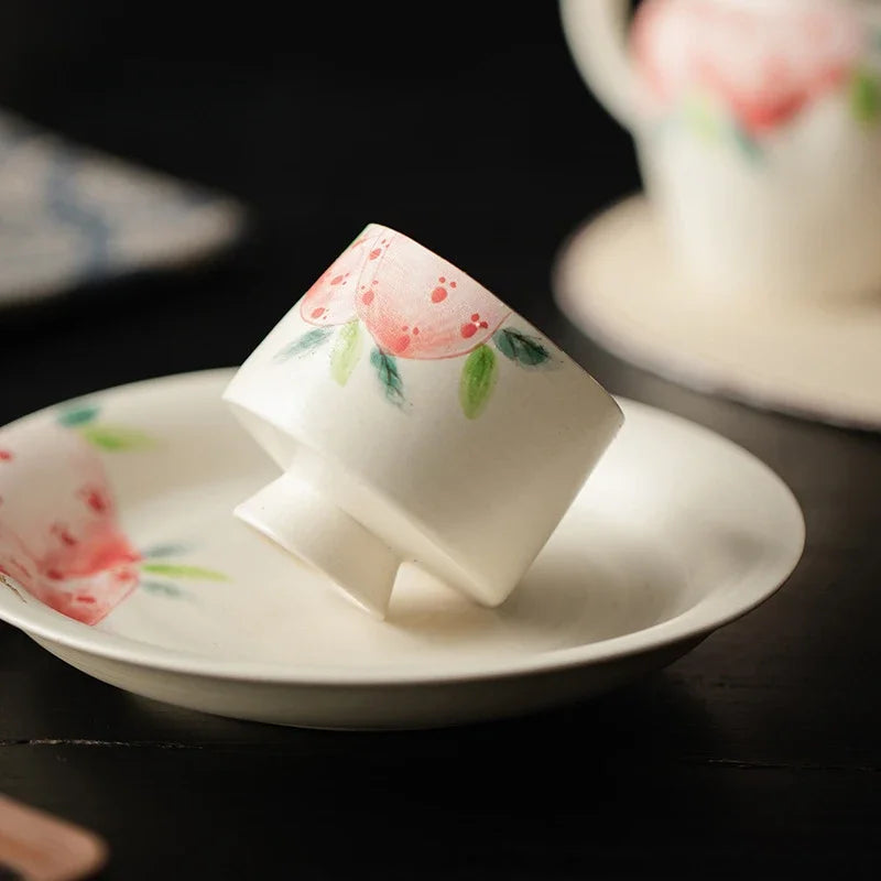 60ml Ceramic High Foot Master Cup Hand Painted Pink Peach Tea Cup Handmade Boutique Sample Personal Crescent Cup Kung Fu Teaset