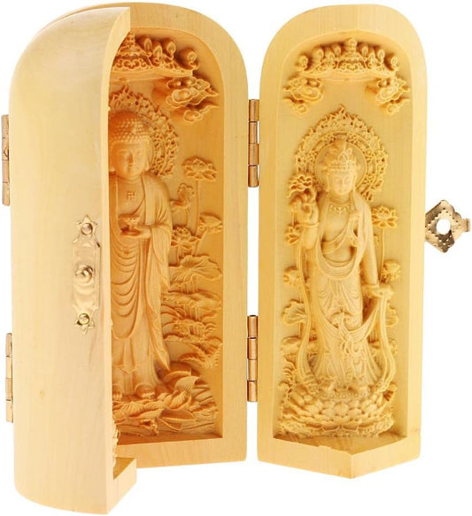misppro Tibetan Boxwood Carving Kwan-yin Lotus Flower Holy 3 God Buddha Statue Box