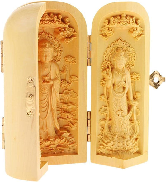 misppro Tibetan Boxwood Carving Kwan-yin Lotus Flower Holy 3 God Buddha Statue Box