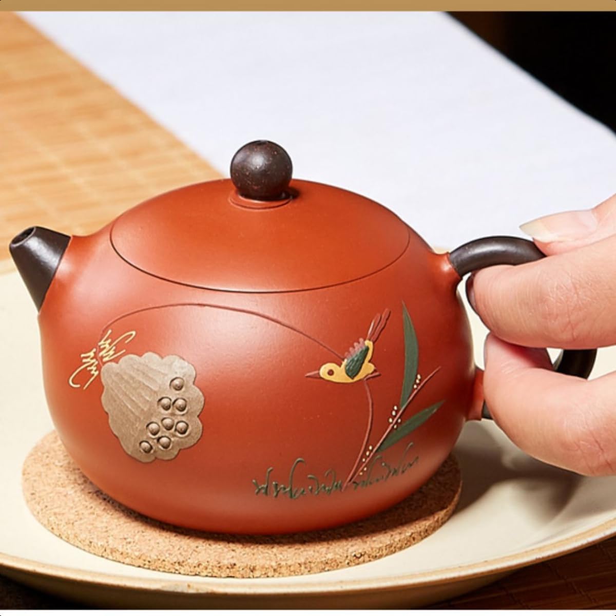 Teapot 210ml （7.10 Oz）Genuine Yixing Zisha Clay Tea Pot Handmade Da Hong Pao Zisha Teapot Lotus （flower Bird）