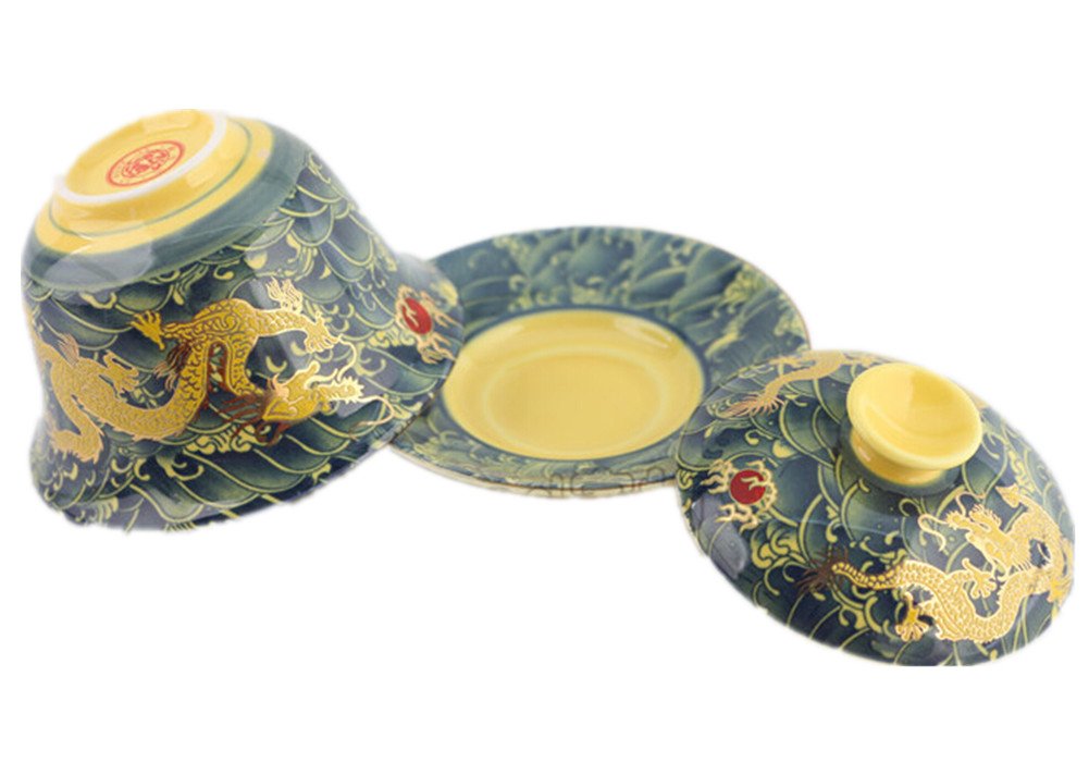 Moyishi Chinese Porcelain Gaiwan Floral Dragon Tradition Sancai Tea Cup Tea Set Best Gift (Black Dragon)