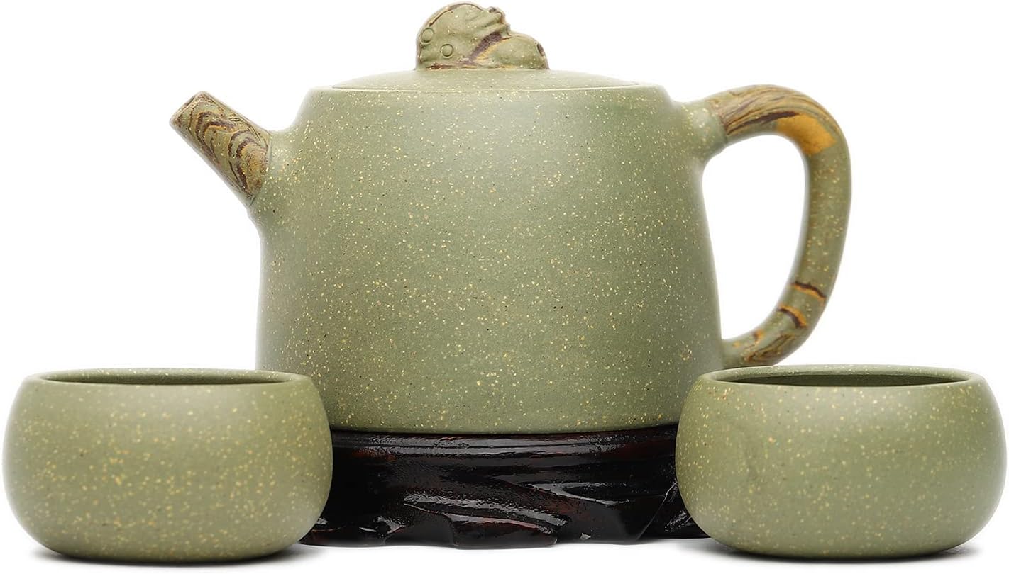 SILINE Zisha Teapot Set - Lotus 11.3 Oz,Genuine Yixing Cyan Clay Handmade Tea Pot with 2 Cups for Infuse Brew Kung Fu Tea