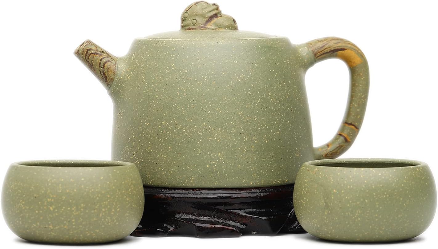 SILINE Zisha Hu - Lotus 11.3oz,Genuine Yixing Cyan Clay Teapot with 2 Cups, Chinese Craftswomen Handmade Infuse Brew Kung Fu Tea Pot Set