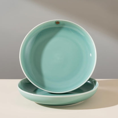 SILINE 8" Green Porcelain Dinner Plates Set,2 PCS Genuine Longquan Celadon Round Tableware Plates