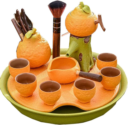 GIZNXBA Tea Set with Tea Pot, Tea Tray, Tea Cup, Orange Shape Teapot Set for Travel, Home, Outdoor, Water Storage Tea Tray Modern for Adults Women Men (Color : /Orange)