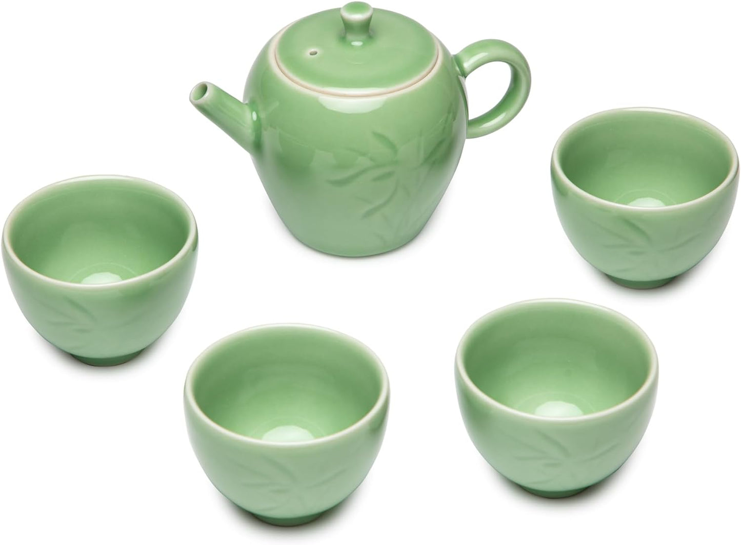 SILINE Chinese Celadon Teapot Set,Green Porcelain Tea Pot 7.5 Oz with 4 Kongfu Tea Cups -Di Kiln,Pink Cyan