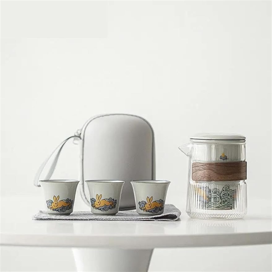 Afternoon Tea Set Chinese Boutique Travel Tea Pot Set Outdoor Portable Ceramics Moon Rabbit Sample Tea Cup Tea Maker Cups Tea Cloth 1 Pot 3 Cups Tea Set For Adults