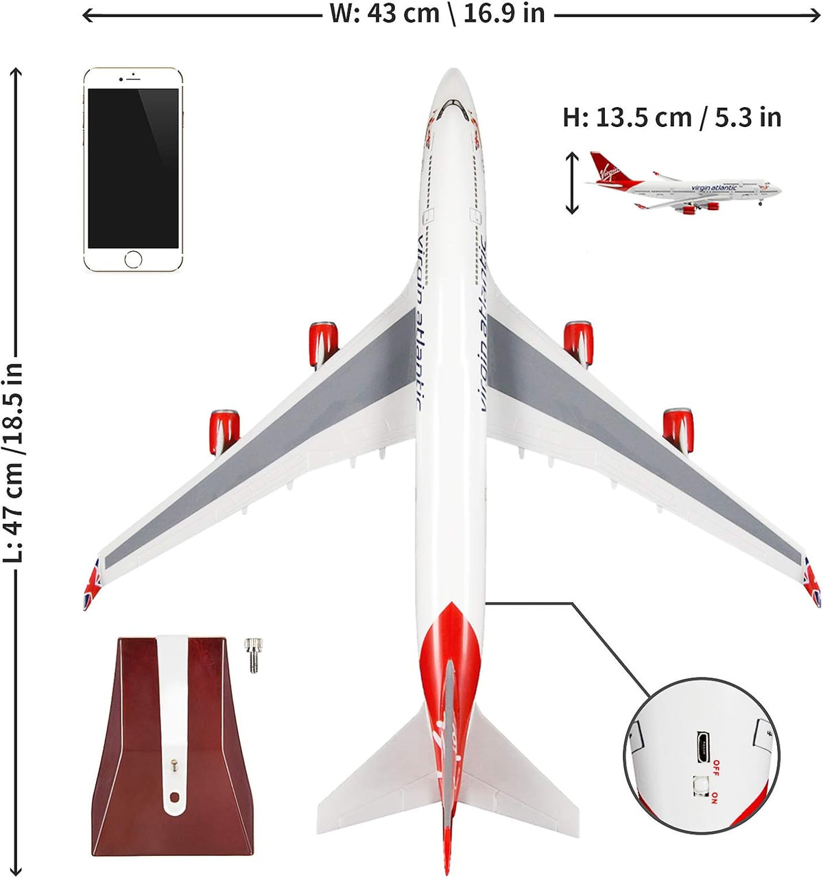 24-Hours 18” 1:130 Scale Model Jet British Airways Virgin B747 Model Planes Kits Display Die-cast Airplane with LED Light(Touch or Sound Control)