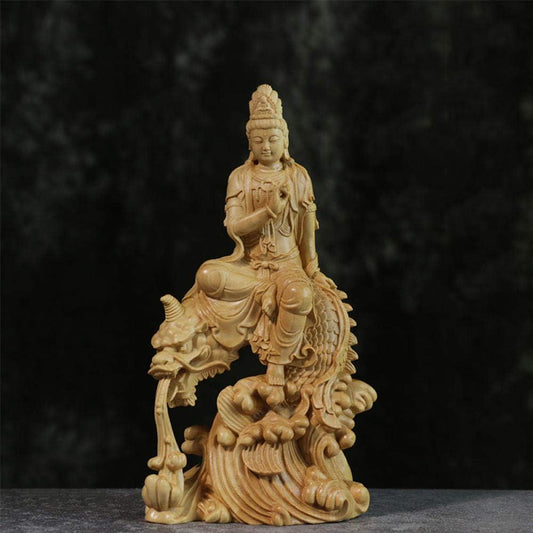 FENGWXINW Statue Mural Sculpture 15Cm Fish Guanyin Boxwood Wood Carving Guanyin Bodhisattva Statue Home Decoration Solid Wood Carving Craft