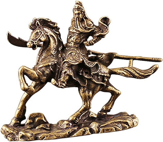 VOSAREA Guan Gong Ornaments Housewarming Gift Kuan Kung Decor Guan Gong Guan Yu Statue Collection Figurines Tabletop Decor Guan Yu on Horseback Ornament Office Antique Money Horse Brass