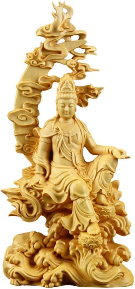 Garneck Quan Yin Statue in Royal Ease Pose Woodcarving Kwan Yin Mercy Goddess Chinese Feng Shui Sculpture Water and Moon Quan Yin Female Buddha