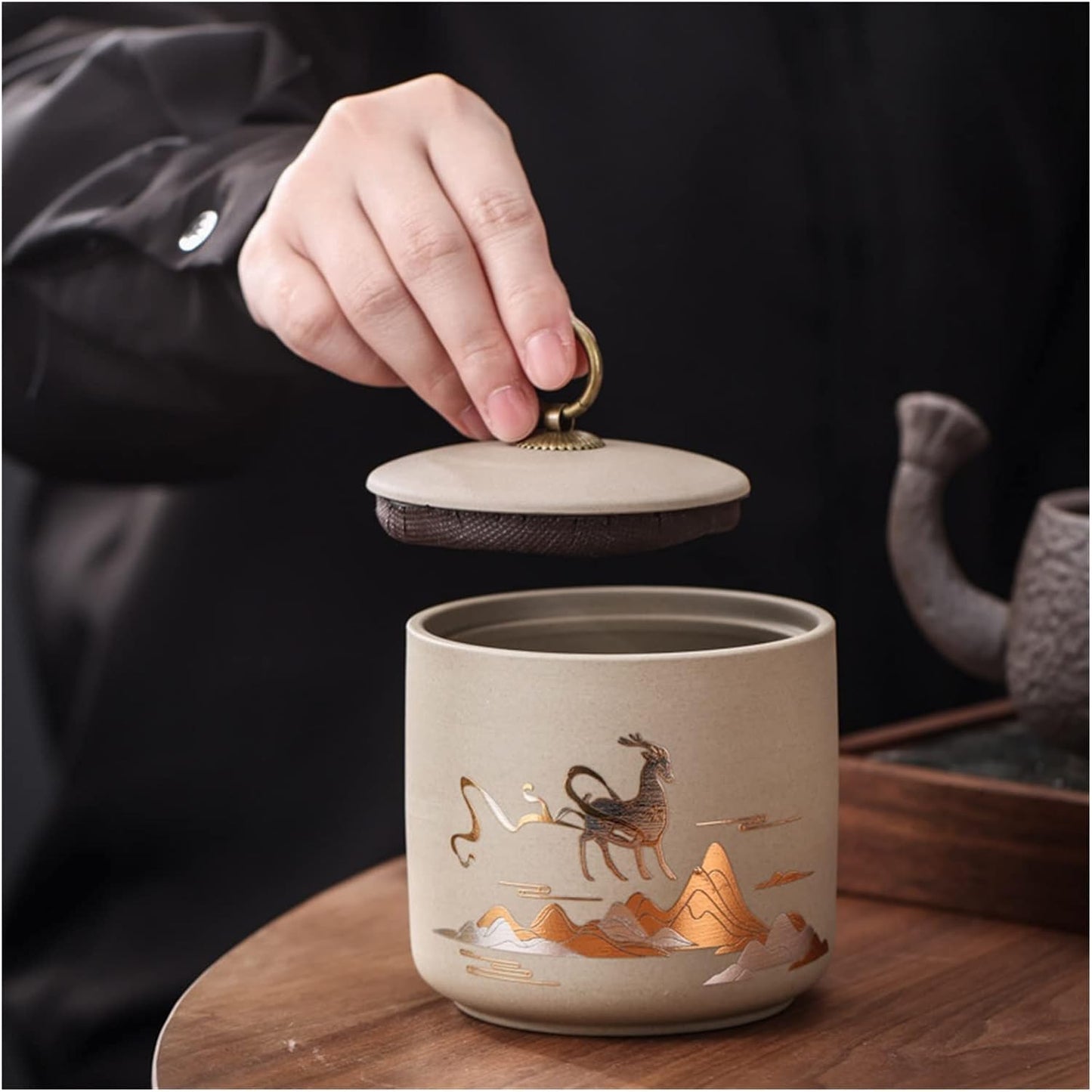 New Coarse Pottery Tea Cans Tea Sealing Jars Tea Cans Black Tea Puerh Storage Jars Storage Jars Gift Boxes (Color : Rising Sun)