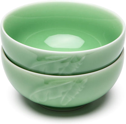 SILINE 4.5" Green Porcelain Bowls Set,2 PCS Genuine Longquan Celadon 10 Oz Rice Bowls (Classic Cyan)