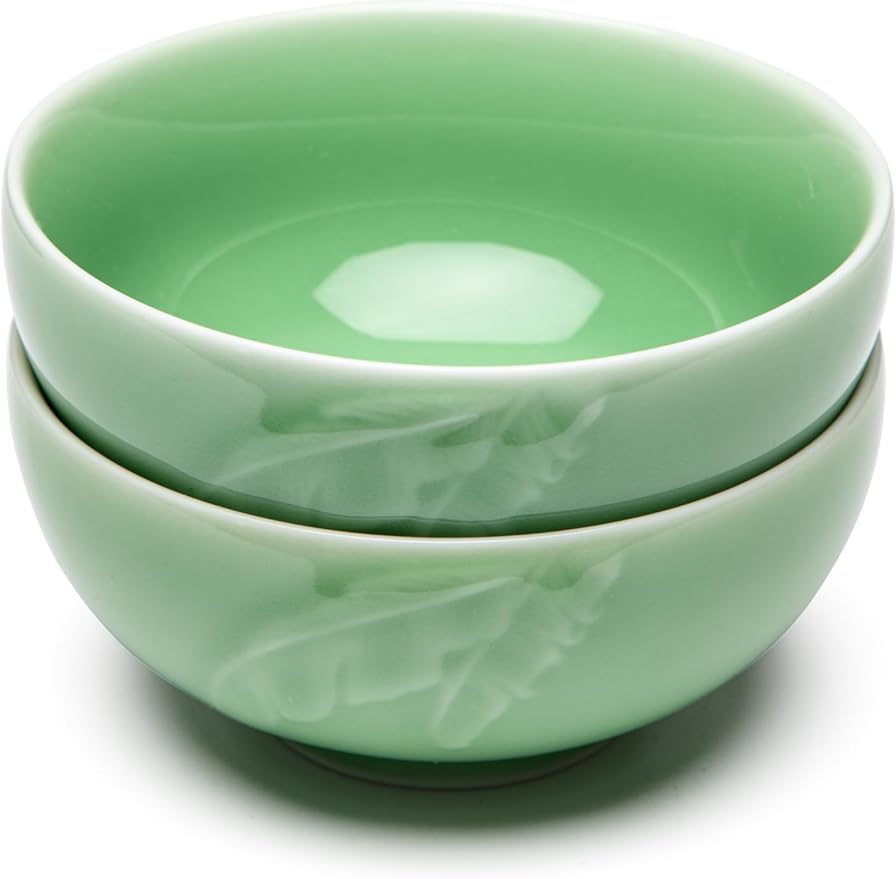SILINE 4.5" Green Porcelain Bowls Set,2 PCS Genuine Longquan Celadon 10 Oz Rice Bowls (Classic Cyan)