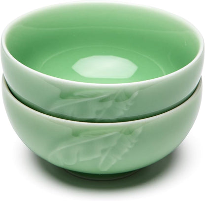 SILINE 4.5" Green Porcelain Bowls Set,2 PCS Genuine Longquan Celadon 10 Oz Rice Bowls (Classic Cyan)