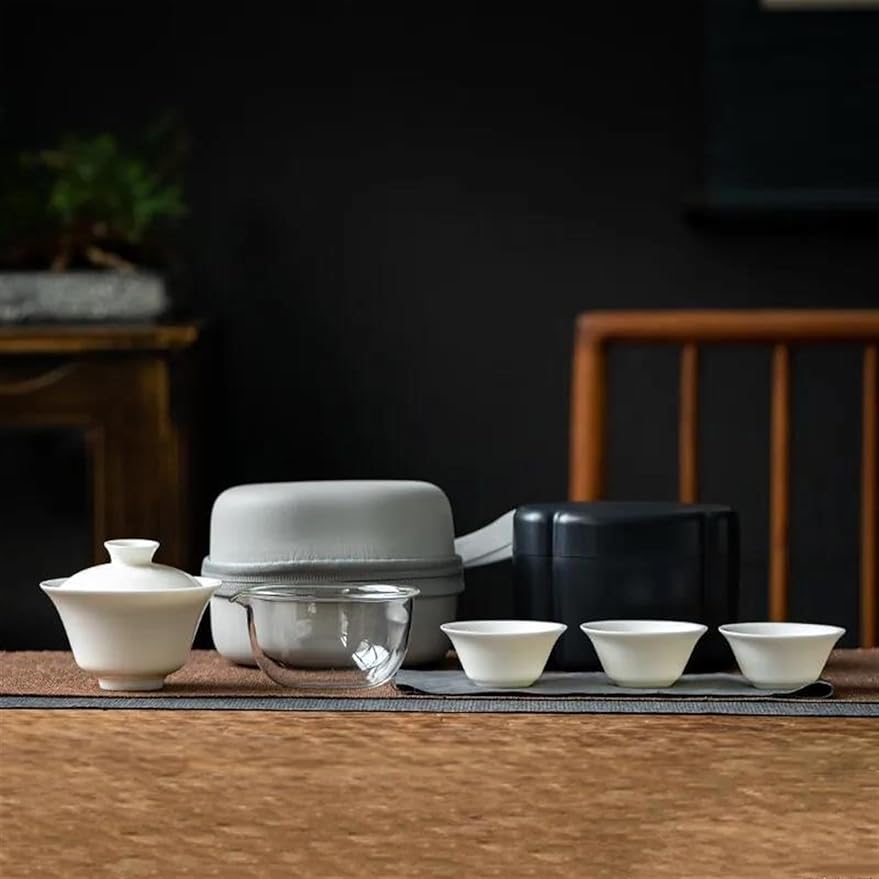 FUTWIZ Afternoon Tea Set Portable Suet Jade White Porcelain Travel Tea Set Boutique Ceramic Cover Bowl Boutique 1 Pot 3 Cups Outdoor Camping Teaware Gift Tea Set for Adults