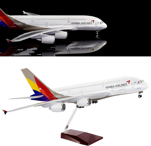 24-Hours 18” 1:130 Scale Airplane Models Asiana Airlines Airbus 380 Metal Planes Model Kits Display Diecast Aircraft with LED Light for Decoration (Touch or Sound Control)