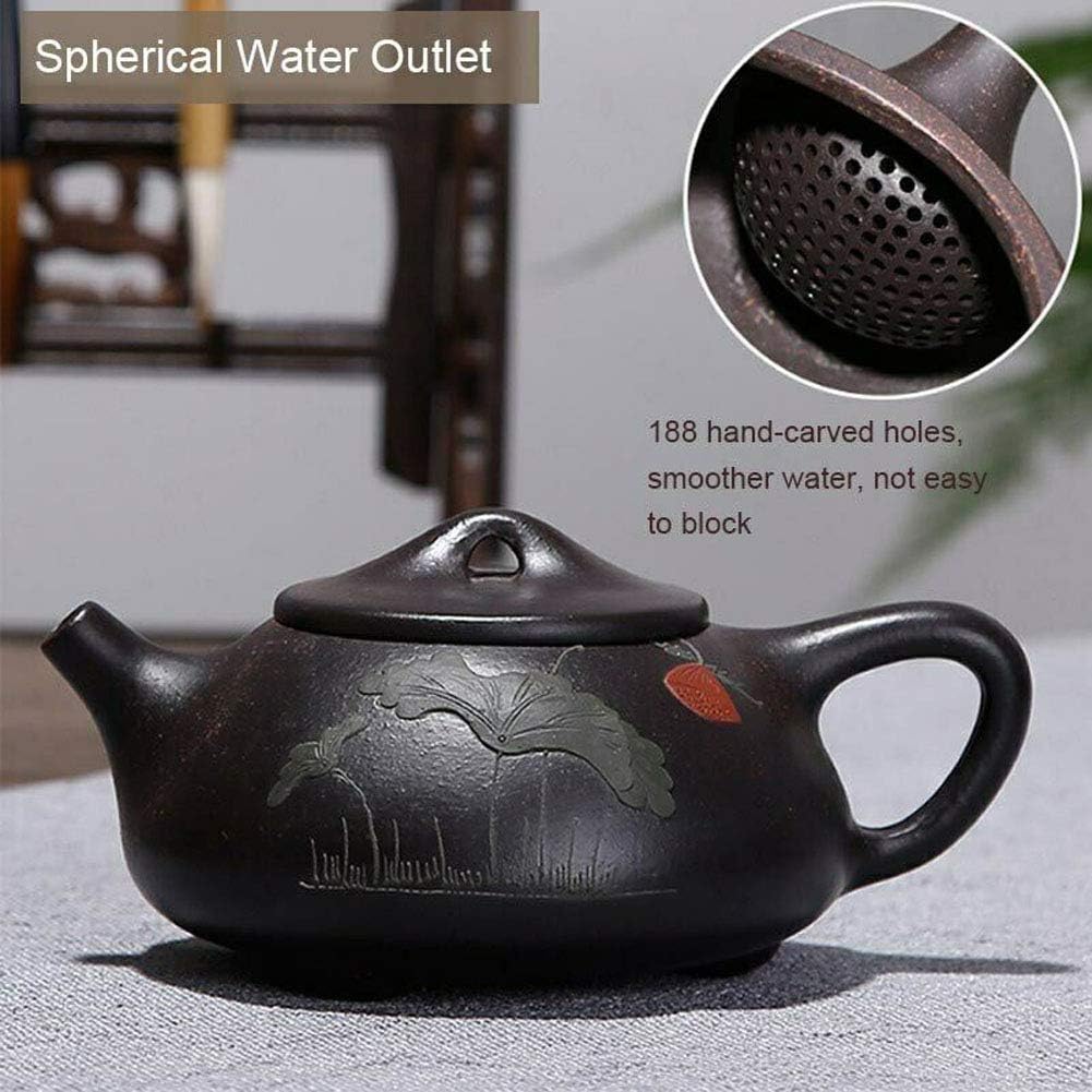 Yxhupot Teapot 8oz Chinese Yixing Genuine Black Clay Zisha Shipiao Pot Infusers Loose Tea (embossed flower)