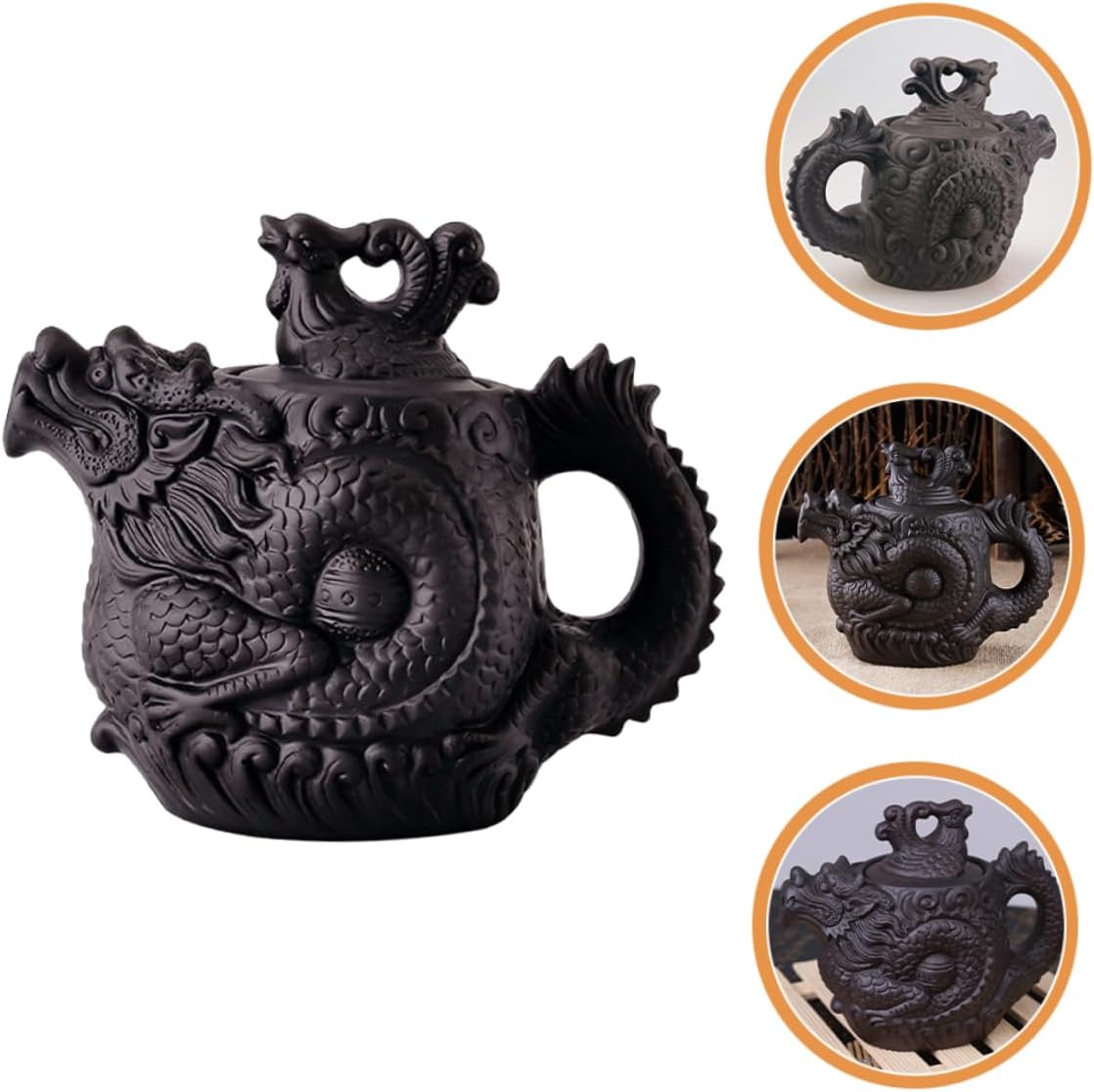 OKUMEYR Dragon Phoenix Purple Clay Teapot Ceramic Water Boiling Pot Frog Teapot Zisha Teapot Loose Tea Teapots Traditional Dragon Teapot Purple Clay Tea Pot Office Open The Pot Portable